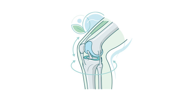 Anatomical illustration of a human knee joint with ligaments and tendons in shades of blue and green on a white background.