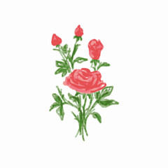 Fototapeta premium Hand-Painted Watercolor Red Orange Rose Stem with Beautiful Blooms and Lush Leaves