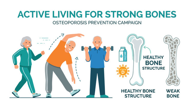 Infographic illustration of active lifestyle for osteoporosis prevention with healthy and weak bone structures.
