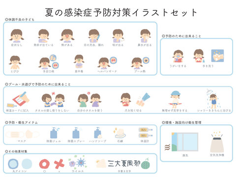 夏の感染症予防対策のイラストセット。小児科や保育園のHPバナー・SNS・おたより用の主線なしフラットデザイン。手洗い・消毒・プール熱・手足口病の詰め合わせベクター素材。