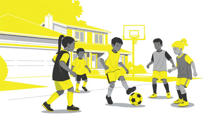 Fototapeta premium Diverse children practicing soccer in a typical North American suburban driveway, basketball hoop silhouette in background, yellow and grey palette, minimalist flat vector artwork, clipart