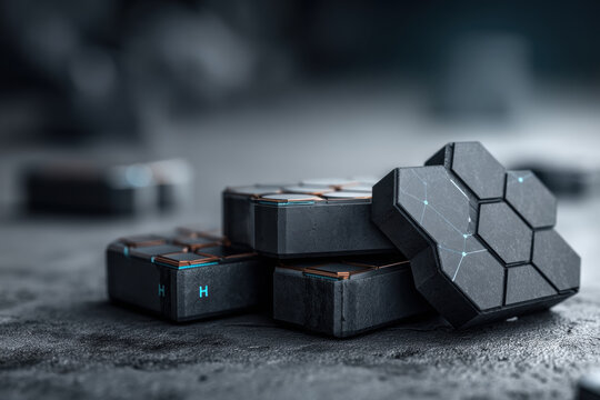 Battery technology advances in hexagon energy cell stack on industrial surface futuristic power storage concept with metallic detail