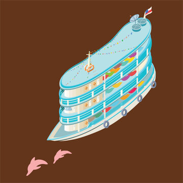 Amazon River Boat with Pink River Dolphins Tropical Illustration