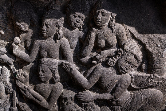 Stone carvings on the largest and the most graceful Hindu temple in Indonesia, Prambanan Temple