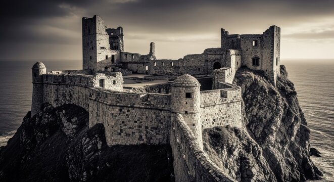 Ancient Stone Fortress Ruins Perched on Mountainous Terrain