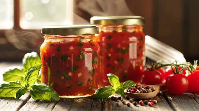 Homemade tomato sauce with basil and spices in glass jars on a rustic wooden table