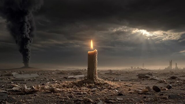 A lone candle burns brightly in a desolate, war-torn landscape, symbolizing remembrance and fragile hope amidst destruction and despair.