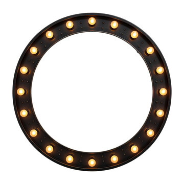Vintage industrial style circular marquee light frame featuring many glowing warm yellow incandescent bulbs arranged around the edge&nbsp;&nbsp;