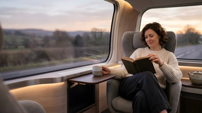 Woman reading a book while traveling in a luxury modern vehicle cabin