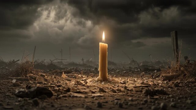 Single lit candle burning in a ruined battlefield under a stormy sky as a tribute to those lost
