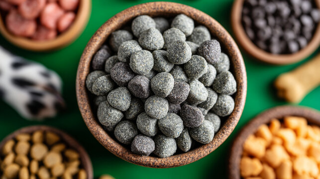 Various dog food kibble in wooden bowls arranged on a green background with pet food