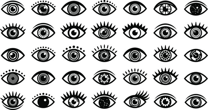 Collection of black and white eye featuring various iris patterns and lash styles arranged in a grid pattern on a white background