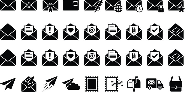 Collection of black and white flat depicting various email envelope symbols postage stamps paper airplanes mailbox delivery truck and messenger bag for digital communication interface