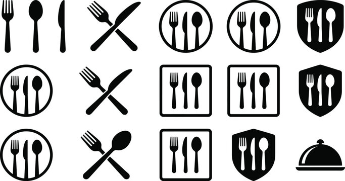 Black and white set featuring forks spoons and knives arranged in circles squares and shield shapes with crossed cutlery and a covered food platter symbol for restaurant signage
