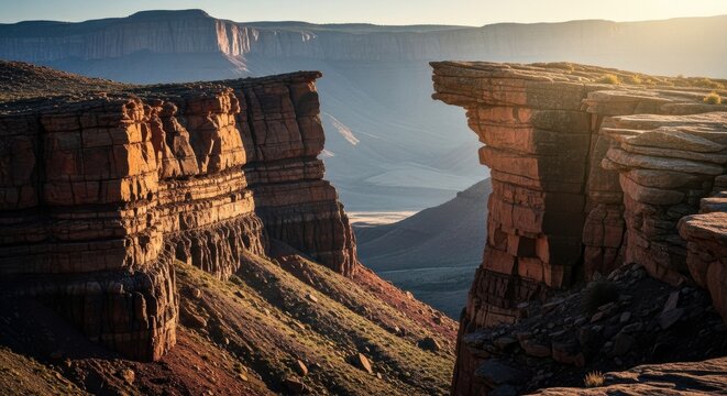 Dramatic Cliffs Illuminated by Golden Hour Sunlight in a Vast Canyon