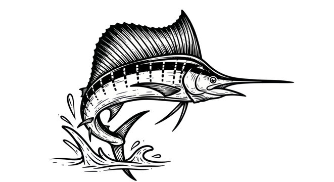 Jumping Marlin Fish Illustration, Ocean Wildlife, Fishing Sport