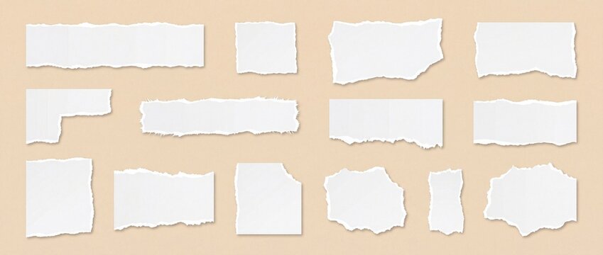 Collection of torn paper scraps blank white pieces for creative design and notes isolated on beige ba