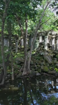 Ancient ruins of Beng Mealea temple, Cambodia, overgrown with jungle vegetation. The temple is a popular tourist destination.