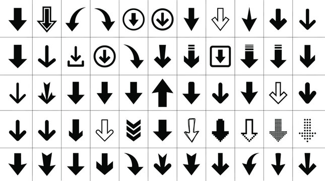 Collection of fifty black and white arrow arranged in a grid showing various downward pointing directions styles and shapes including solid outline pixelated and dotted symbols