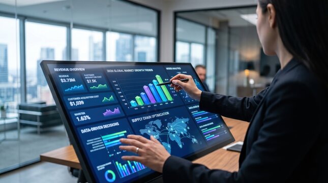 Female analyst presenting revenue overview and global market growth trends on interactive touchscreen display, business intelligence and data driven decision making