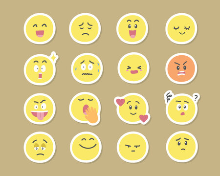 Face emotions cartoon sticker set. Emoticons or feelings stickers. Emoji set. Happy, sad, excited, calm, surprised, scared, shy, angry, tired, proud, jealous, worried, silly, bored, loved, confused