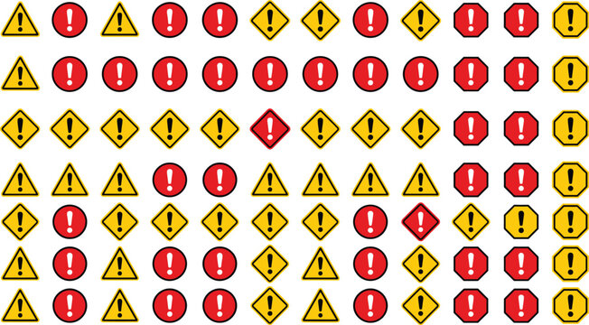 Collection of red and yellow hazard warning signs with exclamation marks in triangle circle diamond and octagon shapes arranged in a grid pattern on a white background