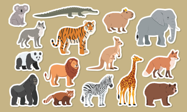 Wild animals clipart cartoon stickers set. Lion, tiger, elephant, giraffe, zebra, bear, fox, crocodile, panda, gorilla, wolf, koala, kangaroo, red panda, capybara sticker vector design. Animal concept