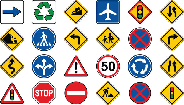 Collection of twenty four road traffic signs including stop warning mandatory and informational symbols with yellow blue red and white colors on a white background in a grid layout