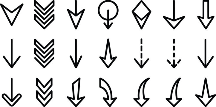 Collection of twenty one black outline downward pointing arrow arranged in a grid on a white background featuring various styles including dashed curved straight and chevron shapes