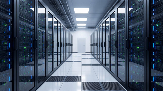 Bright white data center corridor with server racks