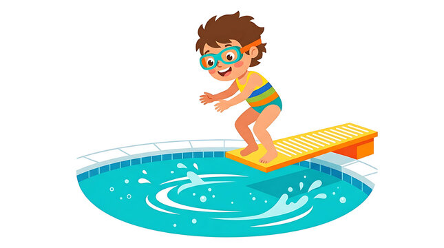 Boy jumping into pool, swimming kid, summer fun, cartoon illustration