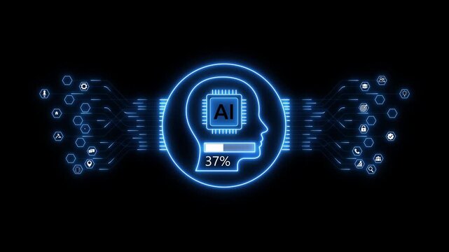 AI Processing Progress Animation with 75 Percent Intelligent Neural Computing System and Futuristic Digital Brain Interface