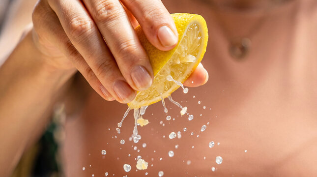 Hand squeezing lemon juice in warm sunlight