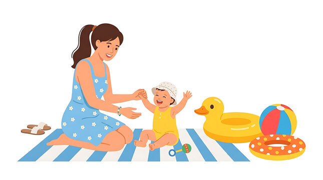 Mother, baby, summer fun, beach toys, colorful illustration