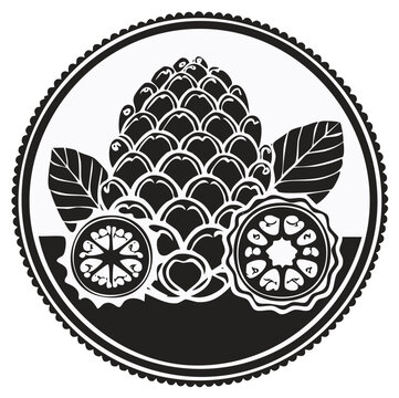 Stylized floral arrangement of hops and fruit in vintage style circular frame