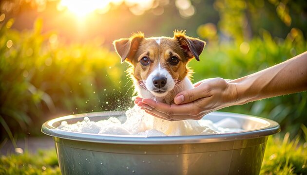 屋外のたらいで飼い主に洗われる子犬・自然光ボケの温かいペットグルーミング写真