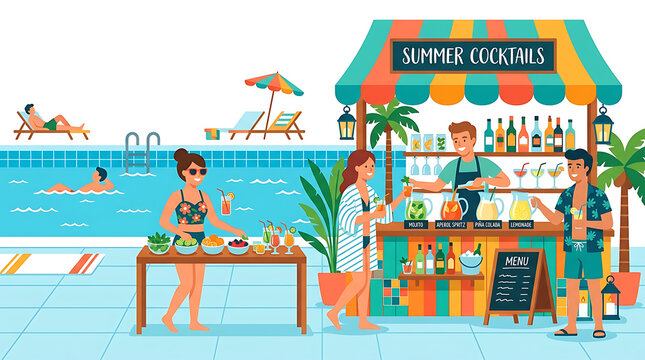 Summer cocktails, beach bar, colorful illustration, tropical drinks, poolside scene