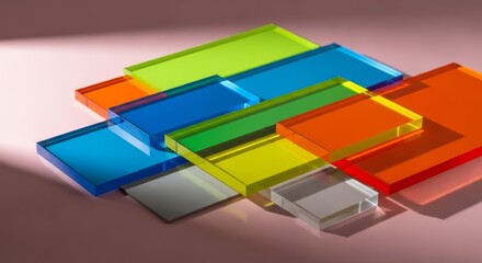 Fototapeta premium Brightly colored acrylic slabs lie across a muted rose backdrop, highlighted by gentle sunlight and subtle depth from soft grey shadows, soft, perspective, cyan