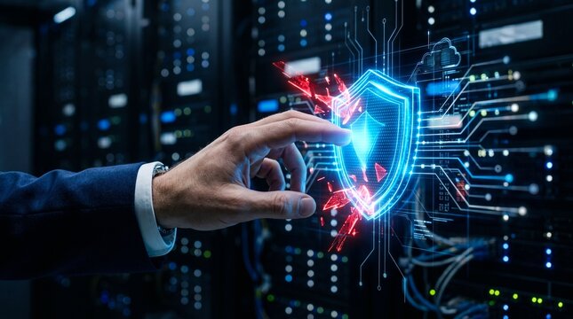 Businessman protecting data with a glowing blue shield and circuit board in a server room