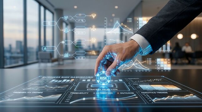 Business professional interacting with a futuristic risk management dashboard in a modern office setting with innovative technology
