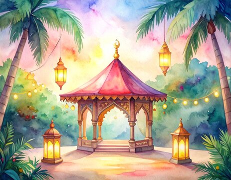 Ornate red-roof gazebo amid tropical palms and flowers, lanterns glowing warmly, misty mountains and colorful sky, symbolizing serenity, elegance, and harmony in architectural landscape art.