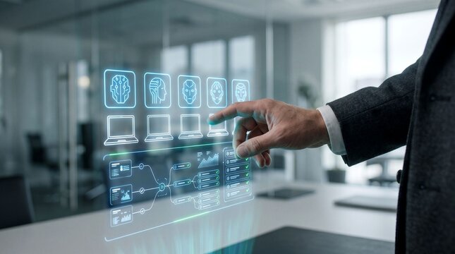 Businessman interacting with futuristic digital interface in modern office