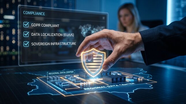 Hand interacting with digital shield on a futuristic data center interface