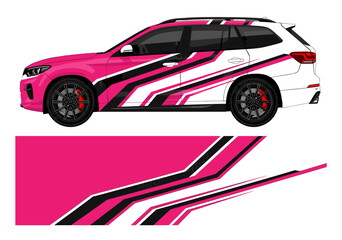 Obraz premium Pink and black swoosh car wrap design on white vehicle.