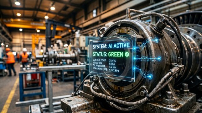 Industrial machine with AI active status screen displaying green light