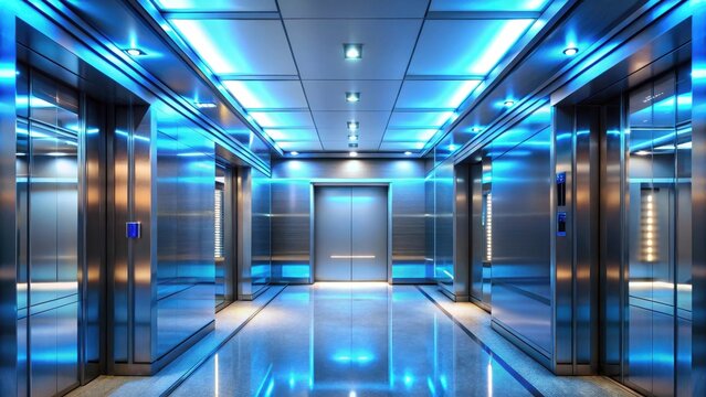 Dimly lit elevator hallway with modern design and blue lighting