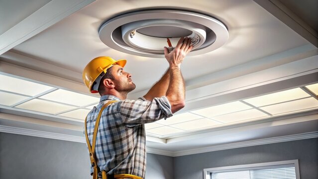 Technician installing a recessed ceiling light fixture