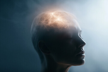 Obraz premium Glowing light emanates from a human head in serene profile. Soft haze surrounds the figure, suggesting inner reflection. Silent contemplation radiates calm, spiritual awareness. Ideal for meditation