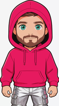 Chibi style male character in rose red hoodie
