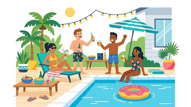 Summer vacation, backyard pool party, friends having fun, outdoor recreation